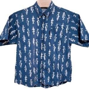 Columbia Mens Blue Trout Fish Print Short Sleeve Button Down Shirt Large Cotton